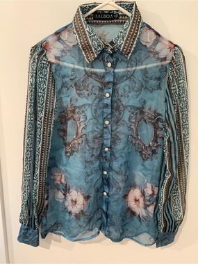 Balboa sheer teal patterned button down blouse